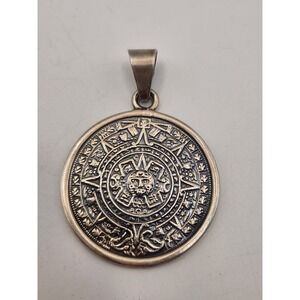 Vintage Mexico 925 Sterling Silver Aztec Sun Stone Calendar Round Pendant 3.5cm